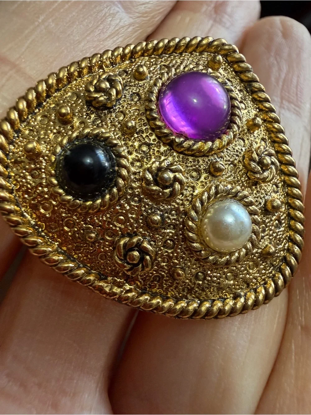 VTG 1960s Mid Century Gold Filigree Brooch Purple Black Pearl Statement Pin